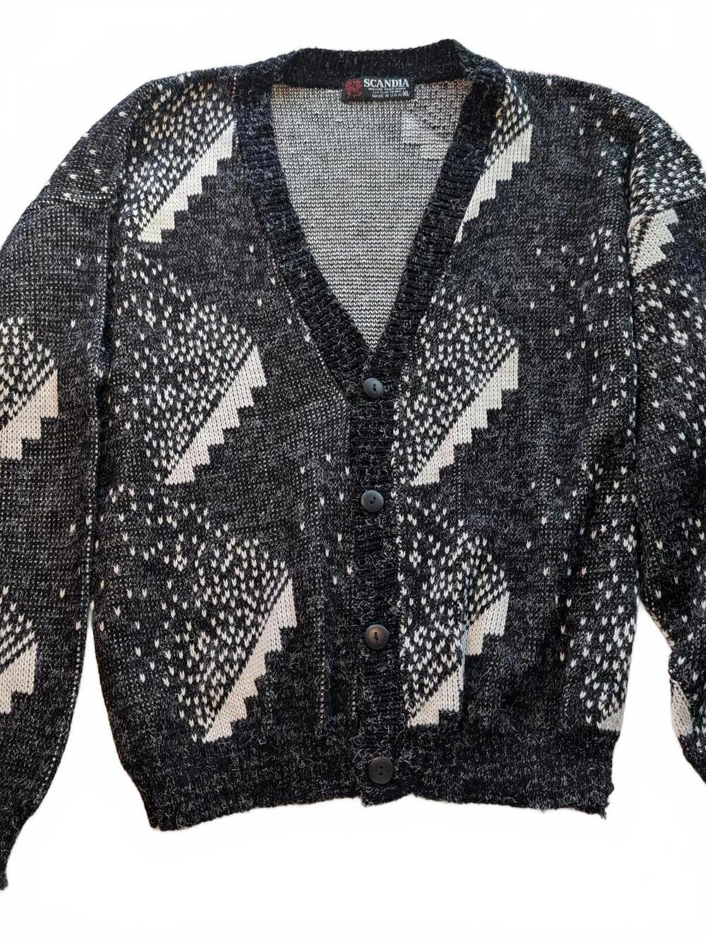 Scandia Black and White Patterned Knit Cardigan Sweater XL